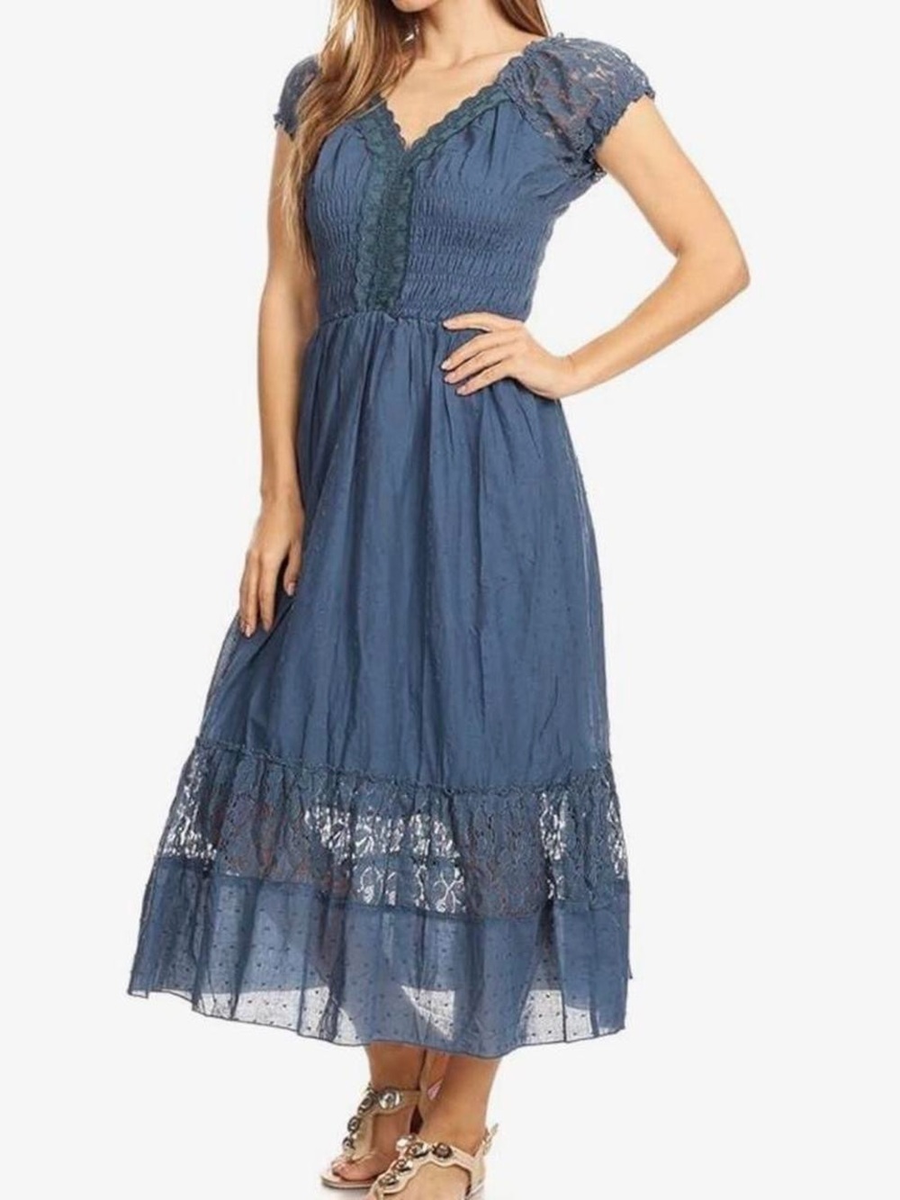 Blue Lace-Trim Midi Dress - Women's Boho Style